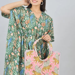 Green Sea Floral Print Cotton Kaftan with Pocket - Women's Beach Cover Up & Summer Loungewear