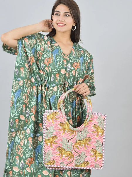 Green Sea Floral Print Cotton Kaftan with Pocket - Women's Beach Cover Up & Summer Loungewear