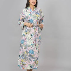 Floral Print Cotton Kimono Robe, Animal Print Pure Cotton Dressing Gown, Block Print Monkey Robe