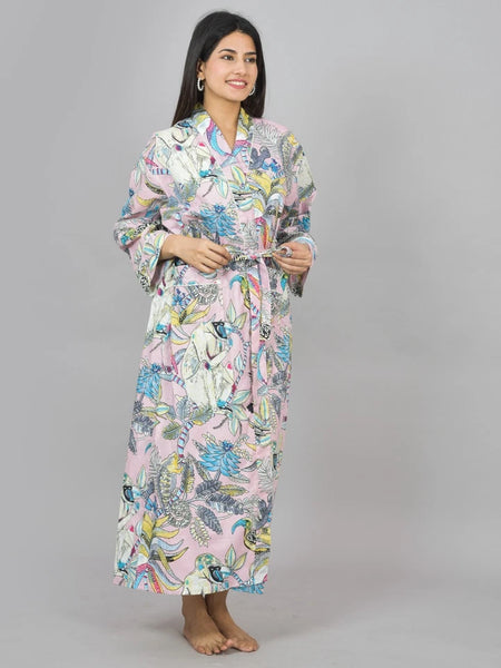 Floral Print Cotton Kimono Robe, Animal Print Pure Cotton Dressing Gown, Block Print Monkey Robe