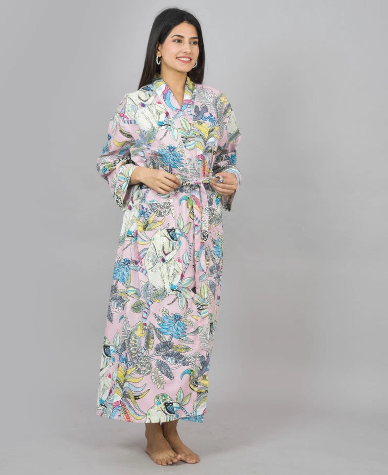 Floral Print Cotton Kimono Robe, Animal Print Pure Cotton Dressing Gown, Block Print Monkey Robe