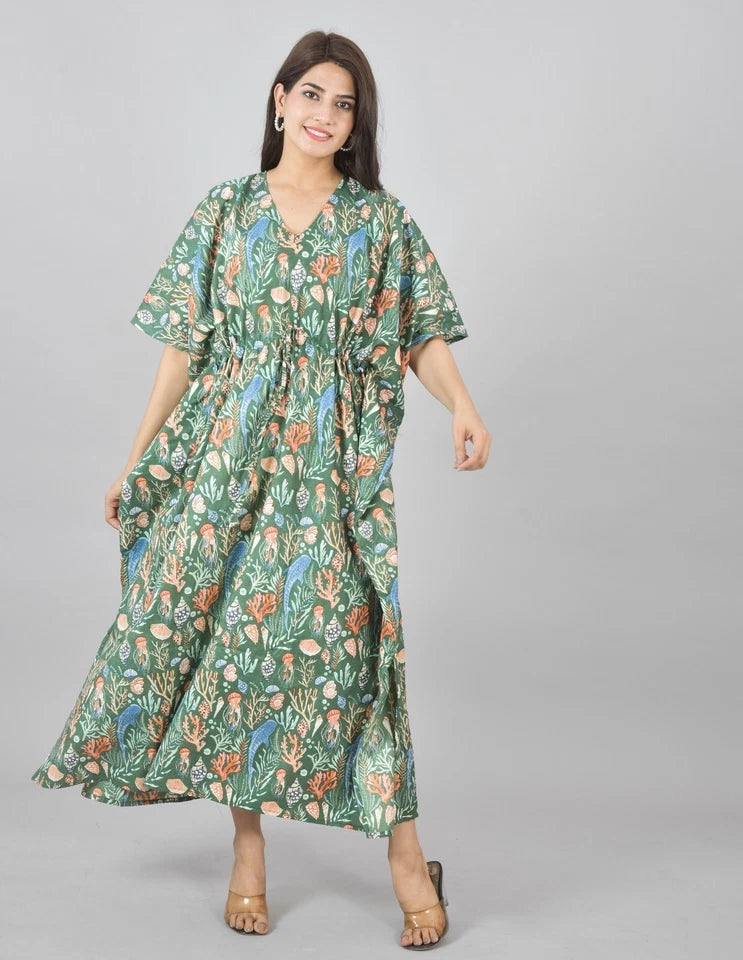 Green Sea Floral Print Cotton Kaftan with Pocket - Women's Beach Cover Up & Summer Loungewear