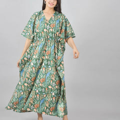 Green Sea Floral Print Cotton Kaftan with Pocket - Women's Beach Cover Up & Summer Loungewear