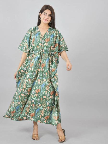 Green Sea Floral Print Cotton Kaftan with Pocket - Women's Beach Cover Up & Summer Loungewear