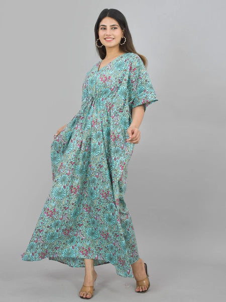 Green Floral Print Indian Cotton Kaftan Maxi Dress, Boho Beach Cover Up, Lightweight Summer Loungewear