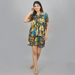 100% Pure Cotton Frida Kahlo Print Women's Loungewear Set - Blue Shorts and Night Suit for Sleepwear & Relaxation