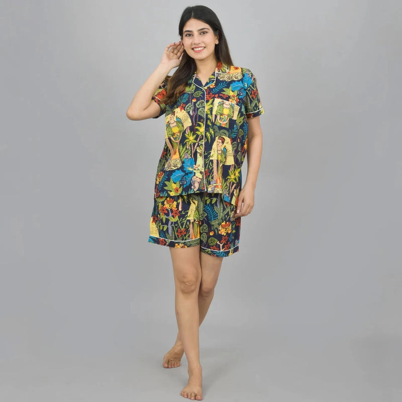 100% Pure Cotton Frida Kahlo Print Women's Loungewear Set - Blue Shorts and Night Suit for Sleepwear & Relaxation