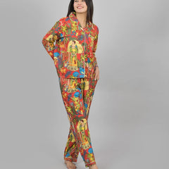 100% Pure Cotton Frida Print Pajama Set Hand Block Printed Orange Loungewear for Women