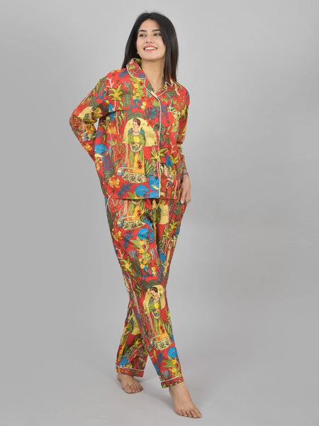 100% Pure Cotton Frida Print Pajama Set Hand Block Printed Orange Loungewear for Women