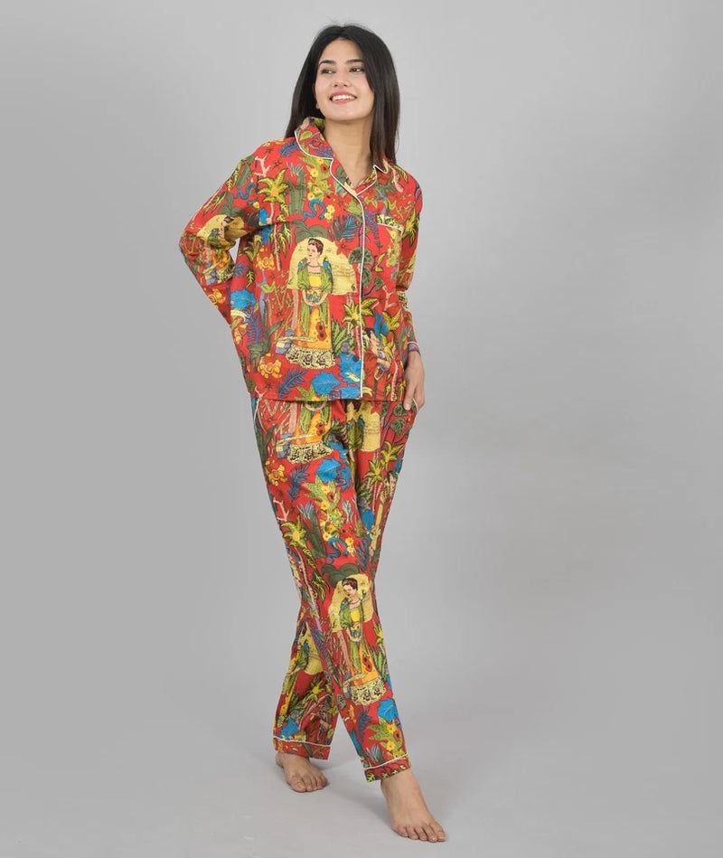 100% Pure Cotton Frida Print Pajama Set Hand Block Printed Orange Loungewear for Women