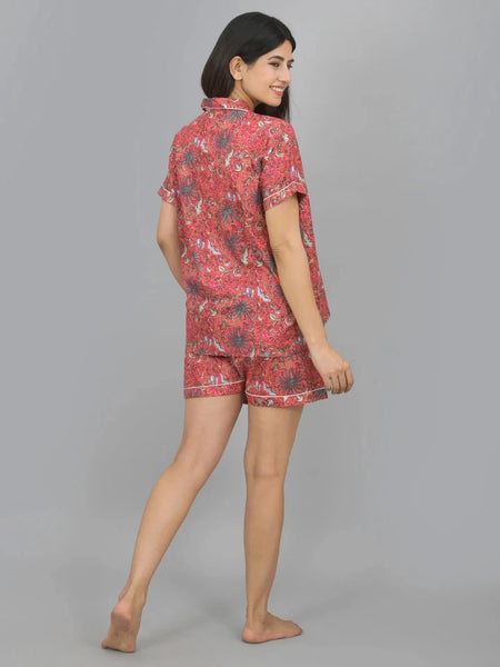 100% Pure Cotton Women's Shorts Night Suit Set - Red Flower Hand Block Print | Comfortable Sleepwear