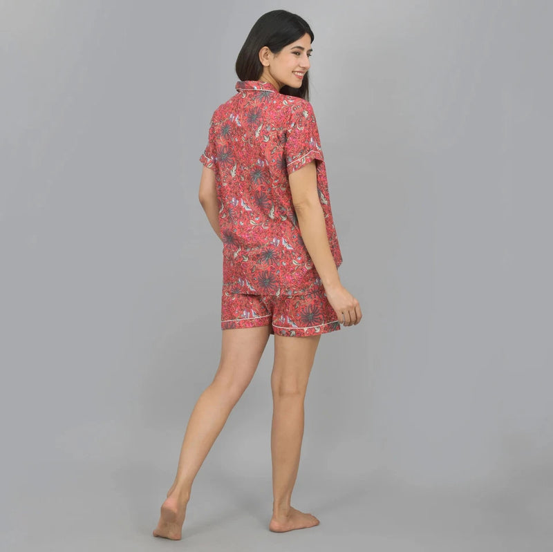 100% Pure Cotton Women's Shorts Night Suit Set - Red Flower Hand Block Print | Comfortable Sleepwear