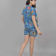 Pure Cotton Women's Night Suit Set - Sea Flower Print Loungewear Shorts Set, Breathable Sleepwear - Blue