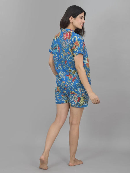 Pure Cotton Women's Night Suit Set - Sea Flower Print Loungewear Shorts Set, Breathable Sleepwear - Blue