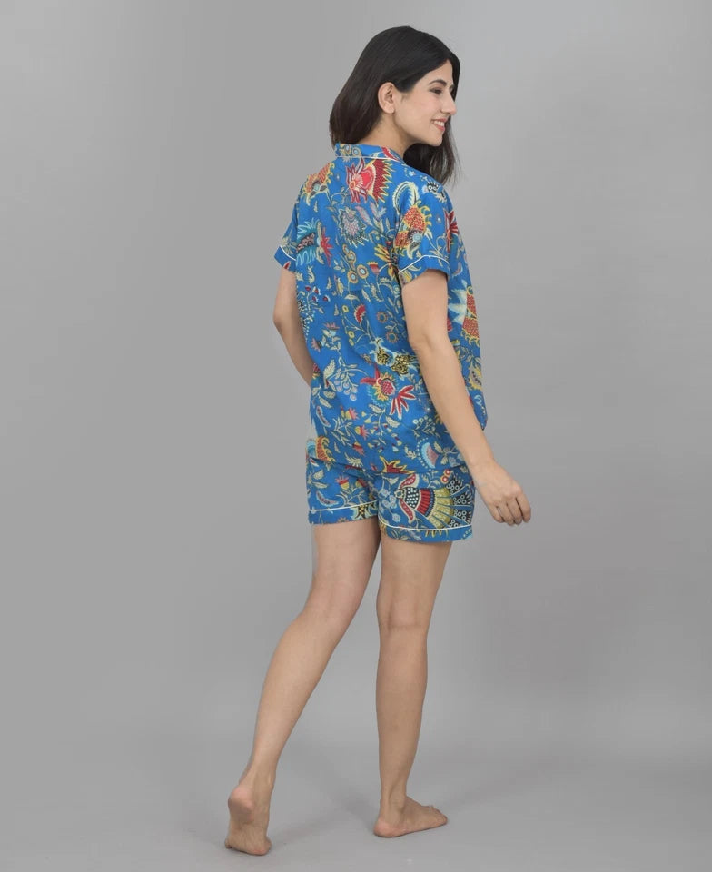 Pure Cotton Women's Night Suit Set - Sea Flower Print Loungewear Shorts Set, Breathable Sleepwear - Blue