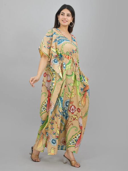 Handmade Indian Cotton Kaftan - Birds and Flower Print | Hand Block Printed Caftan Dress