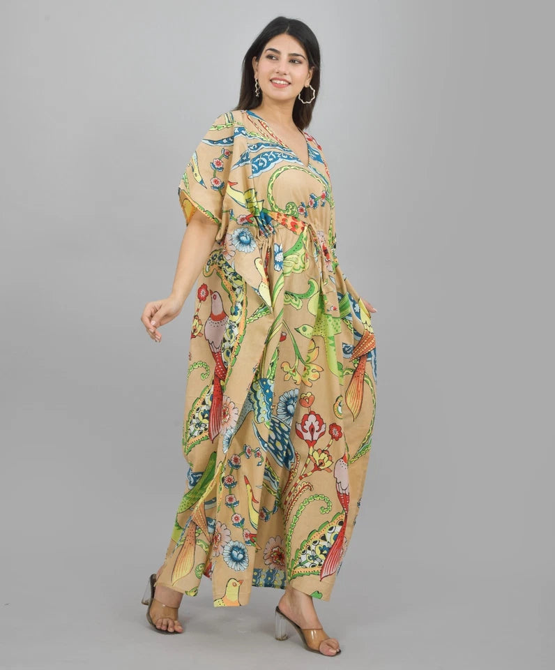 Handmade Indian Cotton Kaftan - Birds and Flower Print | Hand Block Printed Caftan Dress
