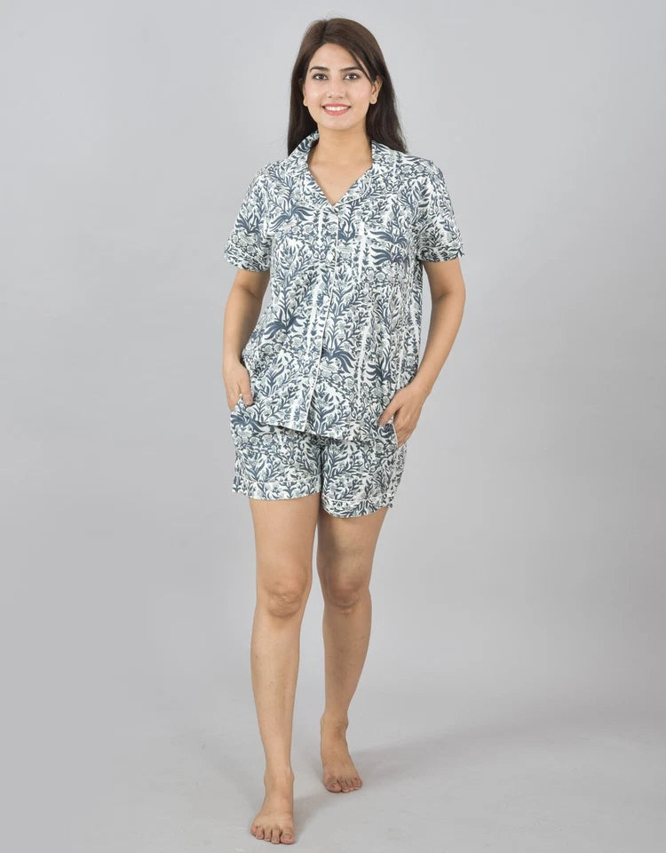 100% Pure Cotton Women's Flower Print Shorts Night Suit Set | Grey Loungewear for Comfort & Style