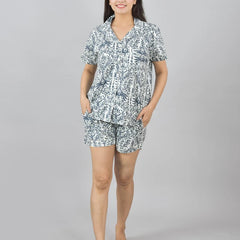 100% Pure Cotton Women's Flower Print Shorts Night Suit Set | Grey Loungewear for Comfort & Style