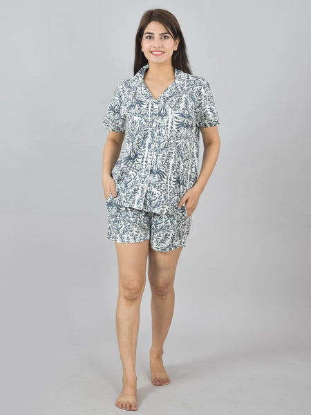 100% Pure Cotton Women's Flower Print Shorts Night Suit Set | Grey Loungewear for Comfort & Style