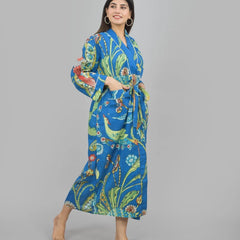 Blue Bird Floral Print Cotton Kimono Robe - Hand Block Print Bridesmaid Dressing Gown