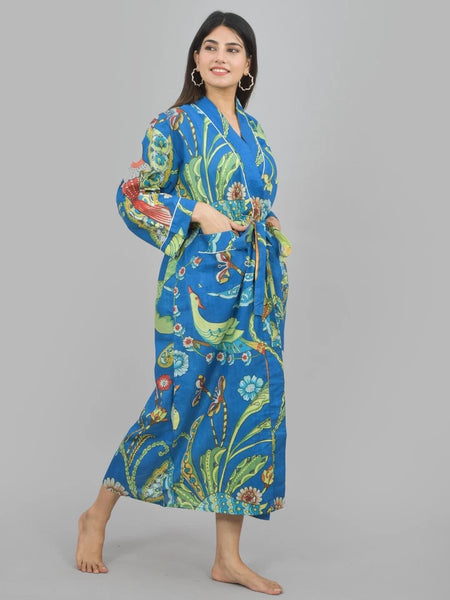 Blue Bird Floral Print Cotton Kimono Robe - Hand Block Print Bridesmaid Dressing Gown