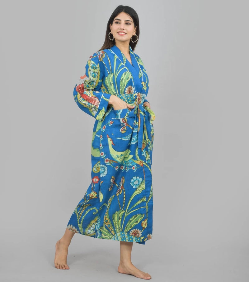 Blue Bird Floral Print Cotton Kimono Robe - Hand Block Print Bridesmaid Dressing Gown