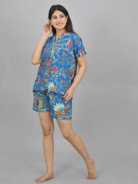 Pure Cotton Women's Night Suit Set - Sea Flower Print Loungewear Shorts Set, Breathable Sleepwear - Blue