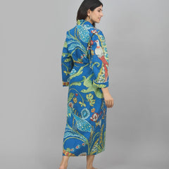 Blue Bird Floral Print Cotton Kimono Robe - Hand Block Print Bridesmaid Dressing Gown