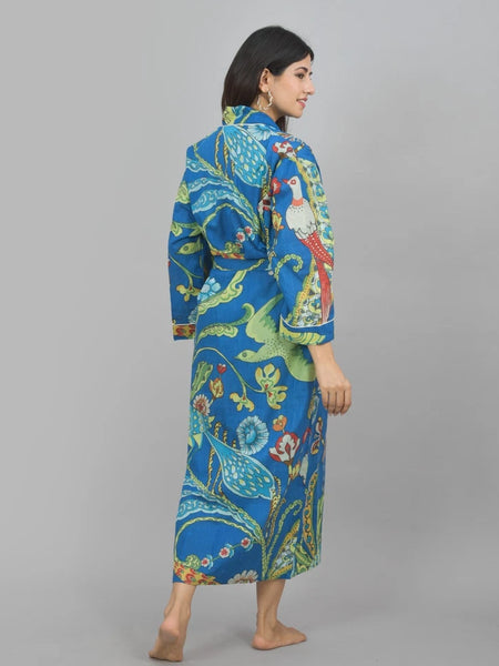 Blue Bird Floral Print Cotton Kimono Robe - Hand Block Print Bridesmaid Dressing Gown
