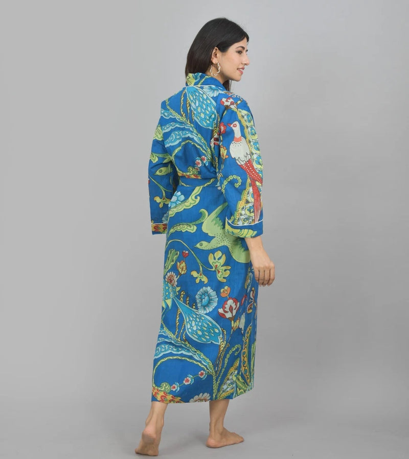 Blue Bird Floral Print Cotton Kimono Robe - Hand Block Print Bridesmaid Dressing Gown