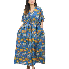 Blue Zebra & Tiger Print Cotton Kaftan Set - 100% Pure Cotton Loungewear, Boho Maxi Dress for Women