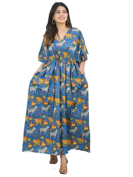 Blue Zebra & Tiger Print Cotton Kaftan Set - 100% Pure Cotton Loungewear, Boho Maxi Dress for Women