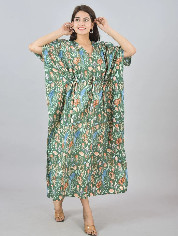 Green Sea Floral Print Cotton Kaftan with Pocket - Women's Beach Cover Up & Summer Loungewear