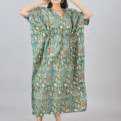 Green Sea Floral Print Cotton Kaftan with Pocket - Women's Beach Cover Up & Summer Loungewear