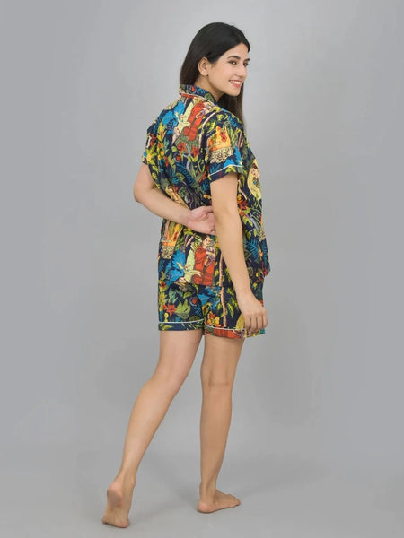 100% Pure Cotton Frida Kahlo Print Women's Loungewear Set - Blue Shorts and Night Suit for Sleepwear & Relaxation