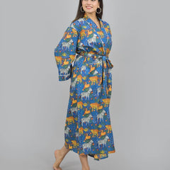 Print Cotton Kimono Robe Dressing Gown | Animal Print 100% Cotton Kimono Robe | Block Print Bridesmaid Robe Collection