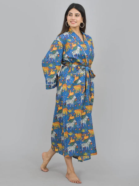 Print Cotton Kimono Robe Dressing Gown | Animal Print 100% Cotton Kimono Robe | Block Print Bridesmaid Robe Collection