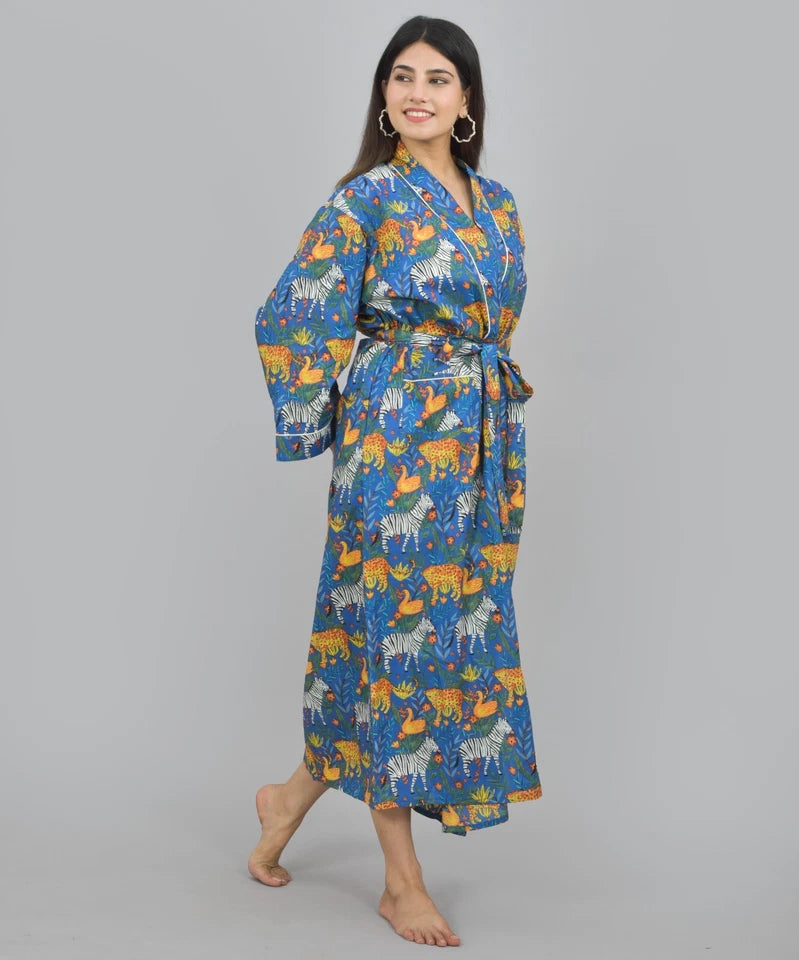 Print Cotton Kimono Robe Dressing Gown | Animal Print 100% Cotton Kimono Robe | Block Print Bridesmaid Robe Collection