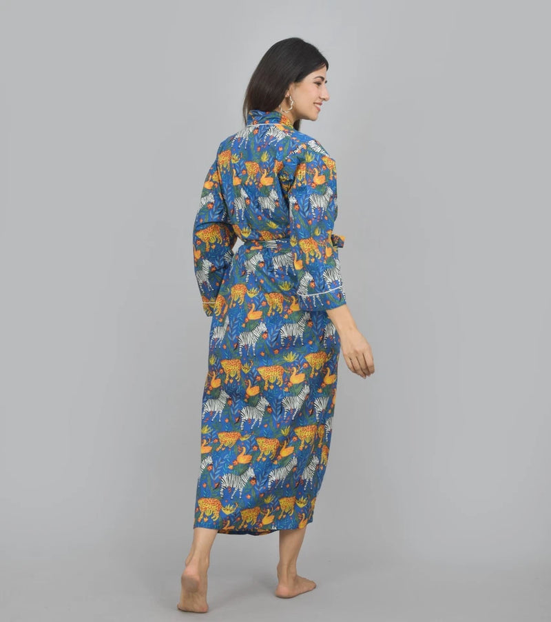 Print Cotton Kimono Robe Dressing Gown | Animal Print 100% Cotton Kimono Robe | Block Print Bridesmaid Robe Collection