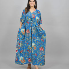 blue Flower Print Cotton Kaftan Dress - Block Printed Women's Caftan, Beach Cover Up, Lightweight Loungewear