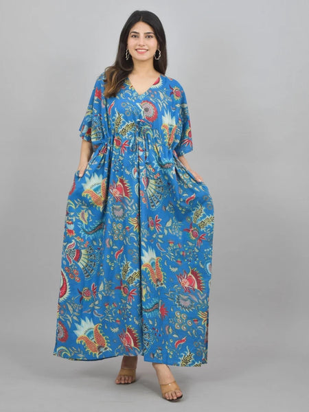 blue Flower Print Cotton Kaftan Dress - Block Printed Women's Caftan, Beach Cover Up, Lightweight Loungewear
