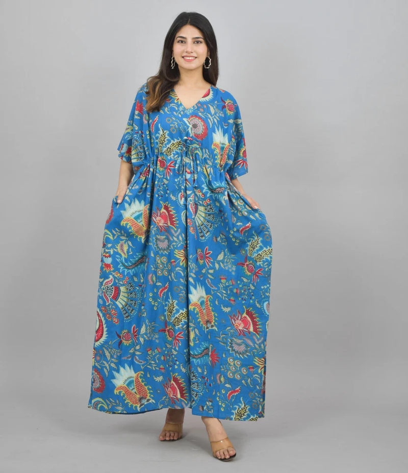 blue Flower Print Cotton Kaftan Dress - Block Printed Women's Caftan, Beach Cover Up, Lightweight Loungewear