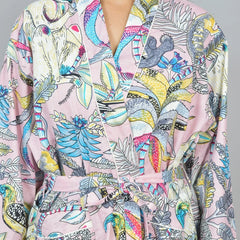 Floral Print Cotton Kimono Robe, Animal Print Pure Cotton Dressing Gown, Block Print Monkey Robe