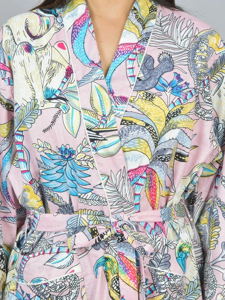 Floral Print Cotton Kimono Robe, Animal Print Pure Cotton Dressing Gown, Block Print Monkey Robe