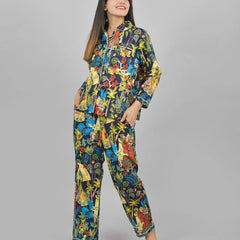 100% Pure Cotton Frida Print Pajama Set - Soft Blue Cotton Pants & Shirt Set for Women