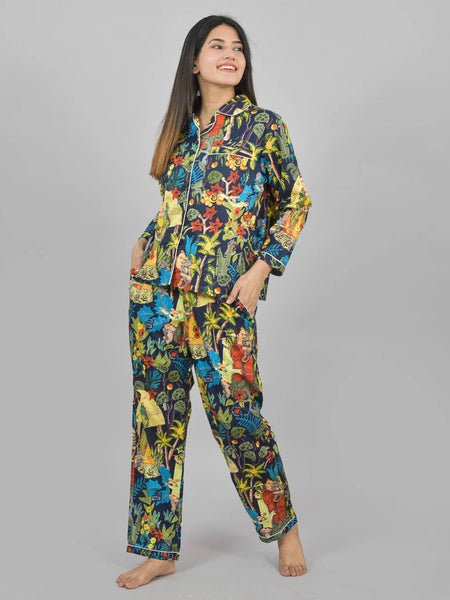 100% Pure Cotton Frida Print Pajama Set - Soft Blue Cotton Pants & Shirt Set for Women