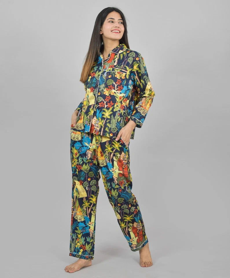 100% Pure Cotton Frida Print Pajama Set - Soft Blue Cotton Pants & Shirt Set for Women