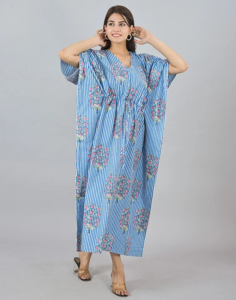 Blue Floral Cotton Kaftan with White Stripes & Pocket - Comfortable Loungewear for Women & Girls
