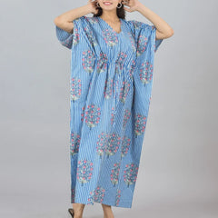 Blue Floral Cotton Kaftan with White Stripes & Pocket - Comfortable Loungewear for Women & Girls